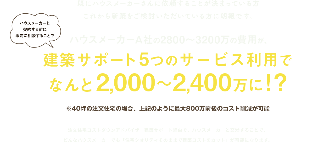 既にハウスメーカーさんに依頼することが決まっている方これから新築をご検討いただいている方に朗報です。ハウスメーカーと契約する前に事前に相談することで、ハウスメーカーA社の2800～3200万の費用が、建築サポート5つのサービス利用でなんと2,000～2,400万に!?※40坪の注文住宅の場合、上記のように最大800万前後のコスト削減が可能。注文住宅コストダウンアドバイザー建築サポート経由で、ハウスメーカーと交渉することで、どんなハウスメーカーでも「住宅クオリティそのままで建築コストをカット」が可能になります。